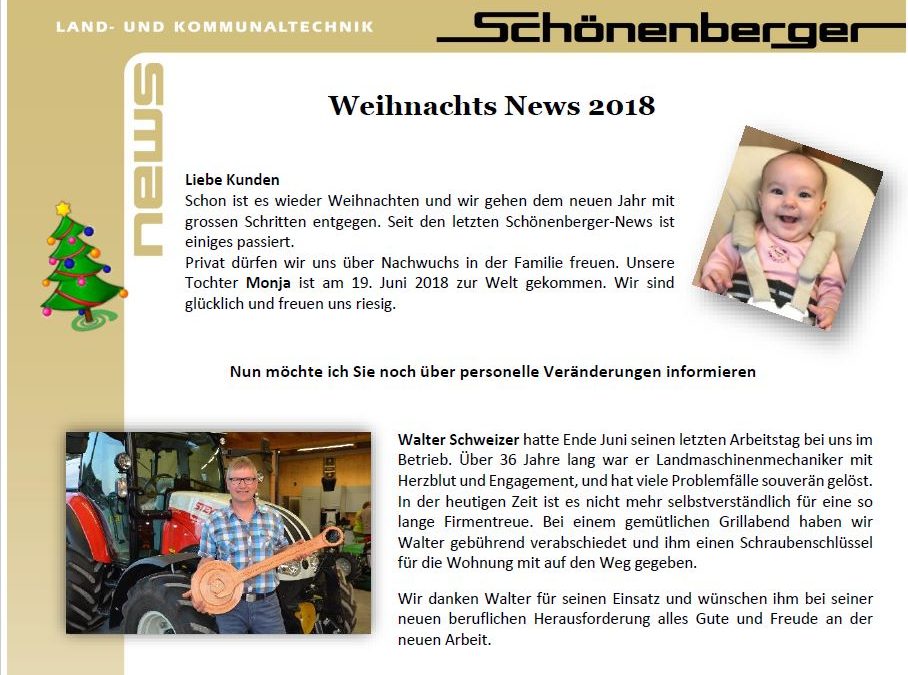 Schönenberger News vom Dezember 2018